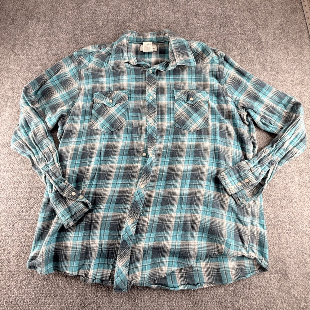 Wrangler Wrancher Mens XL Teal Plaid Pearl Snap Western Flannel Shirt MTSC053
